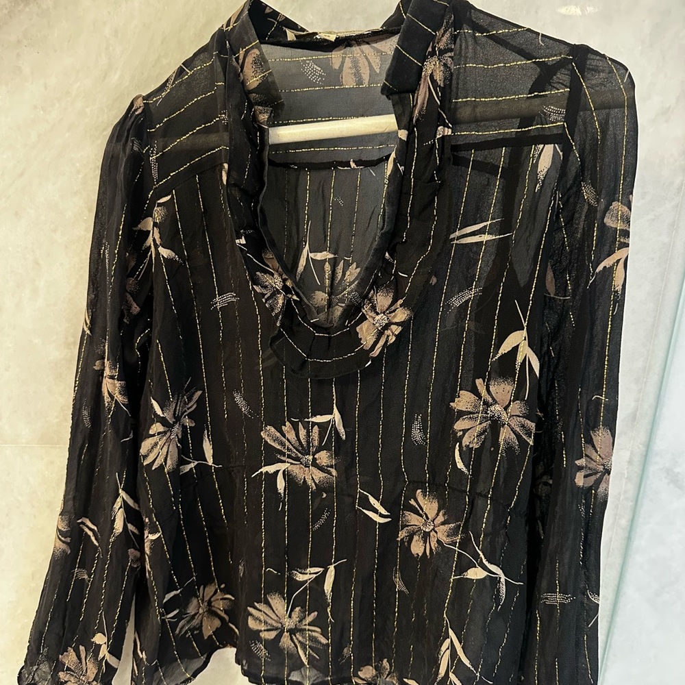 What Goes Around Comes Around Black Tan Sheer Floral Blouse